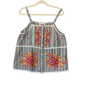 Savanna Jane black and white vertical stripe tank with floral embroidery. Size L